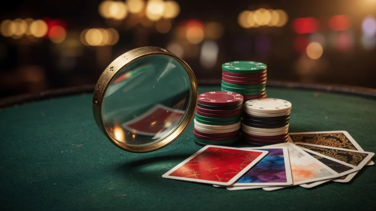 Lupe über einem Casino-Tisch und Chips – Prüfung der Bedingungen