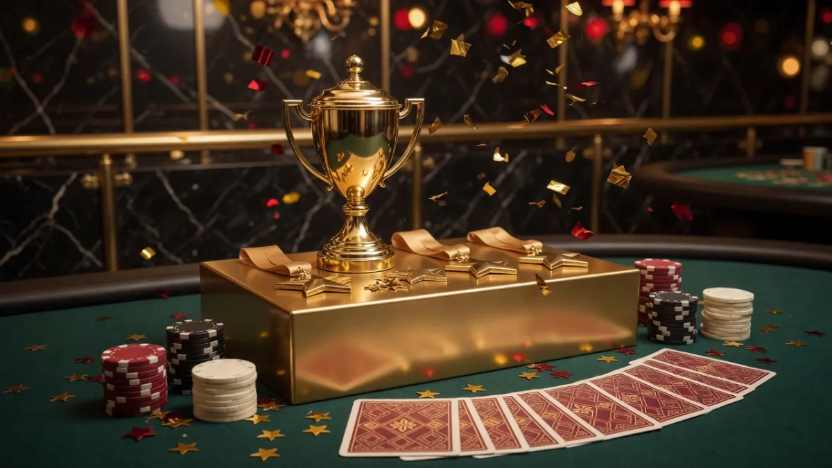 Goldener Pokal mit rotem Band und Casino-Chips auf einem Spieltisch